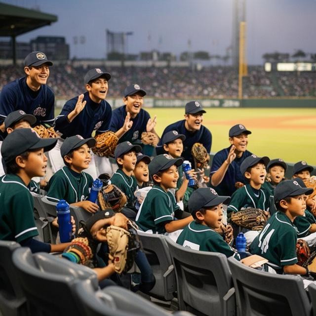 球場スタンドで試合を見守る少年野球チームと指導者