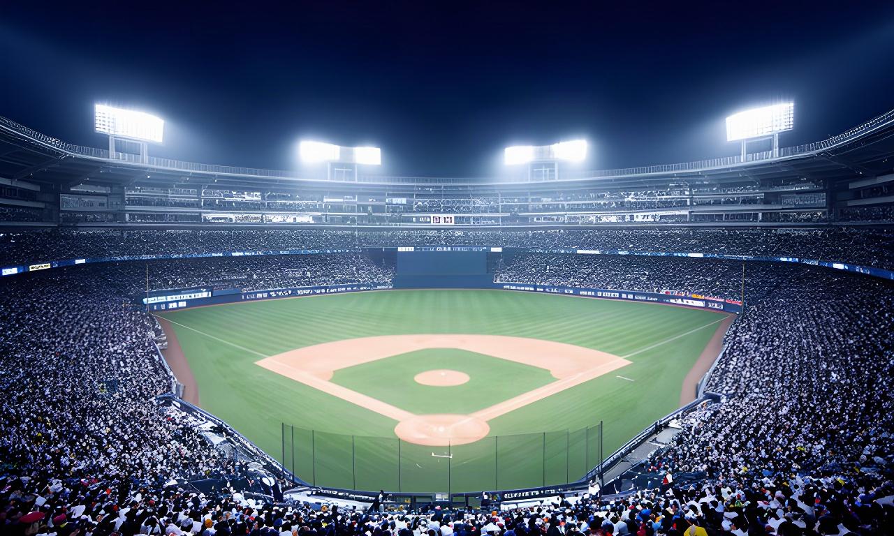 夜の球場で照明に照らされた内野と満員の観客席